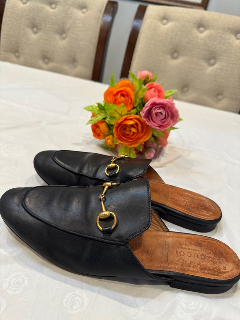 Authentic Gucci Leather Slip-On Mules with Gold Horsebit Hardware - Picture 3 of 10